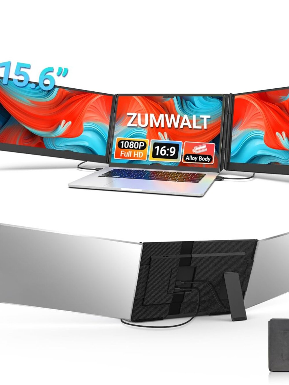 ZUMWALT P7 15.6" Laptop Screen Extender 1080P FHD Triple Portable Monitor